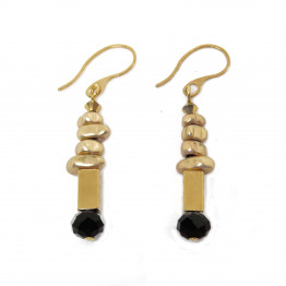 Matte gold asymmetrical beads, black crystal & gold tube beads earrings