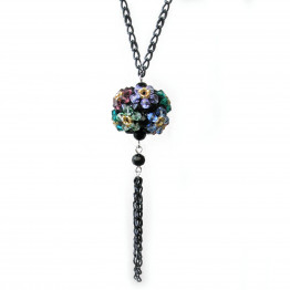 Long chain round black pendant combined with colored crystals necklace