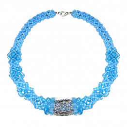 handmade light blue beads and crystals and silver crocheted ring necklace