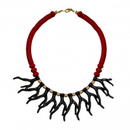 Black acrylic coral beads & gold tone metal beads & burgundy beads necklace