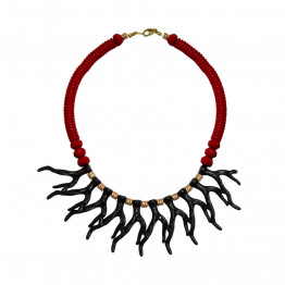 Black acrylic coral beads & gold tone metal beads & burgundy beads necklace