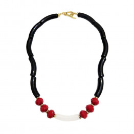 Black & White acrylic curved tube bead & burgundy crystals necklace