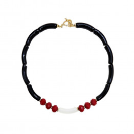 Black & White acrylic curved tube bead & burgundy crystals necklace