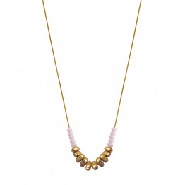 Asymmetric matte metal bead , pink crystals and gold-tone stainless steel chain necklace