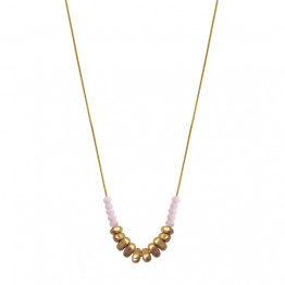 Asymmetric matte metal bead , pink crystals and gold-tone stainless steel chain necklace