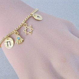 Kabbalah charm Bracelet Two Hebrew initials,Star of David,Evil eye & Hamsa Two monogram, Bat Mitzvah gift, Judaic charm.