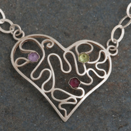 Unique Heart Necklace.Silver Heart Pendant and Natural Stones. Wavy design. Valentine's Day Gift. One of a Kind
