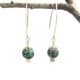Malacite Green Ball and Sterling Silver Cap Bead Earring. Natural Stones Earrings. Valentine's Day Jewelry Gift Idea