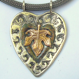 Heart necklace, silver heart with rose gold leaf,